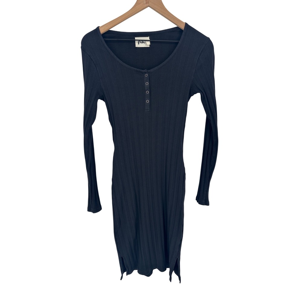 Pact Womens Organic Cotton Ribbed Henley Long Sleeve Mini Dress Charcoal S